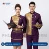  Đồng Phục Nhà Hàng Thái 2 Tông Tím Và Đỏ Đô Phối Viền Vàng 