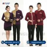  Đồng Phục Nhà Hàng Thái 2 Tông Tím Và Đỏ Đô Phối Viền Vàng 