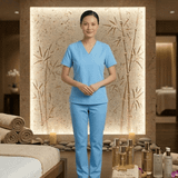  BỘ ĐỒ SPA CỔ TIM MÀU XANH NHẠT 
