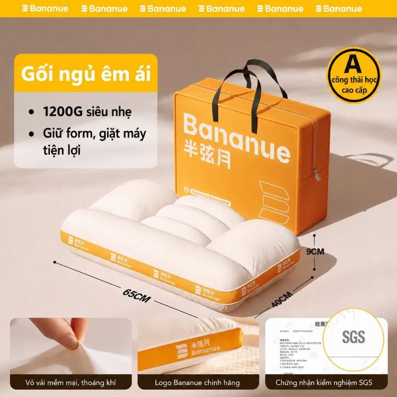 The CozyElite Bananue | Gối ngủ công thái học bông gòn cao cấp, ngủ ngon ngủ sâu, giảm đau nhức cổ vai gáy chuẩn y khoa