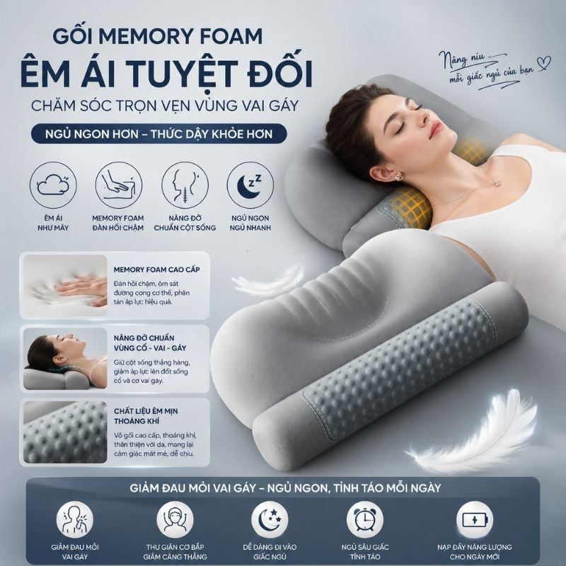 The CozyCare | Gối ngủ công thái học Memory Foam cao cấp, giảm đau nhức cổ vai gáy hiệu quả (Gối Không Pin)