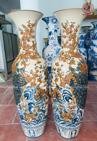 Lục Bình Bát Tràng Cao Cấp Công Đào Đắp Nổi Men Rạn Kích Thước 1m4 
