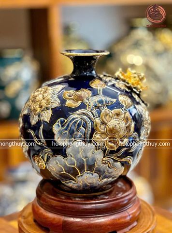  Bình Hút Lộc Bát Tràng Công Danh Phú Quý Đắp Nổi Men Xanh CoBan Cao 26cm | Quà Tặng Khai Trương bình hút lộc Bát Tràng 