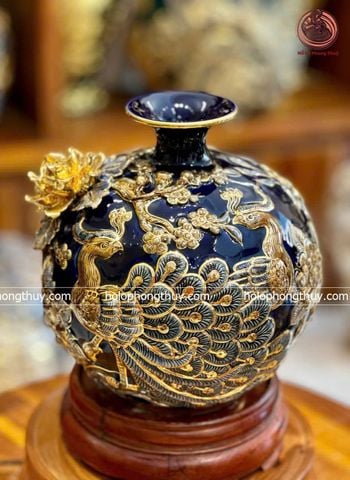  Bình Hút Lộc Bát Tràng Công Danh Phú Quý Đắp Nổi Men Xanh CoBan Cao 26cm | Quà Tặng Khai Trương bình hút lộc Bát Tràng 