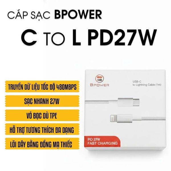 Cáp Sạc Nhanh BPOWER Type-C to Lightning, bọc dù, dài 1m