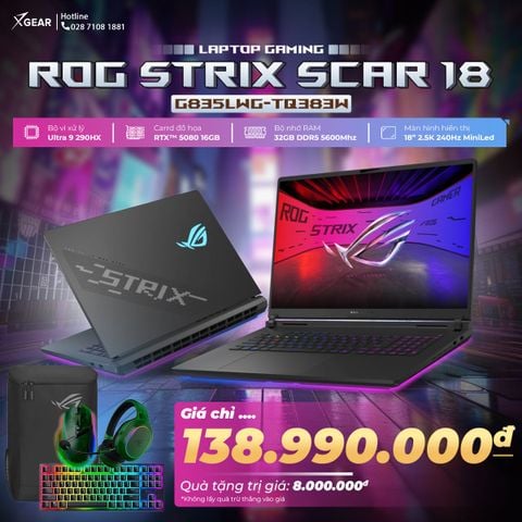 Laptop Gaming Asus ROG Strix Scar 18 G835LWG-TQ383W (Ultra 9 290HX | 32GB | 2TB | RTX 5080 16GB)