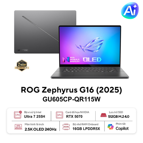 Laptop Gaming Asus ROG Zephyrus G16 GU605CP-QR115W (Core Ultra 7 255H | RTX 5070 | 16GB | 512GB | 16 inch 2.5K OLED)