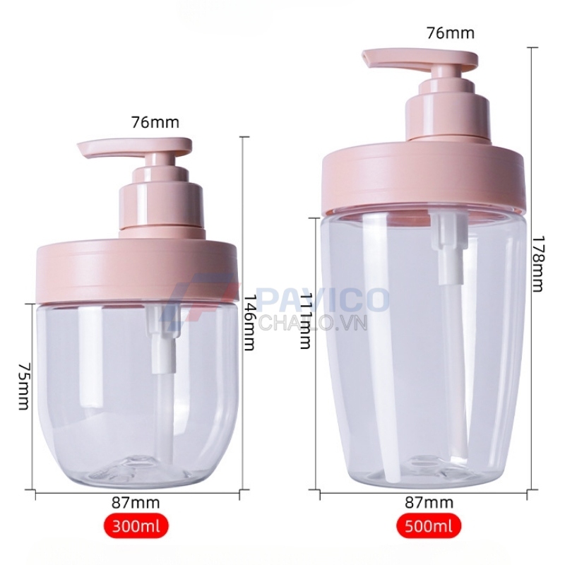 Chai nhựa Pet 400ml 600ml đựng dầu gội màu hồng trong suốt nắp vòi pump hồng