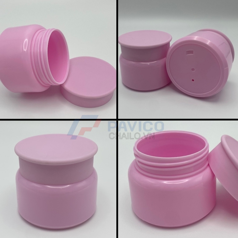Hũ nhựa 100g chiết mỹ phẩm thân hồng nắp vặn hồng