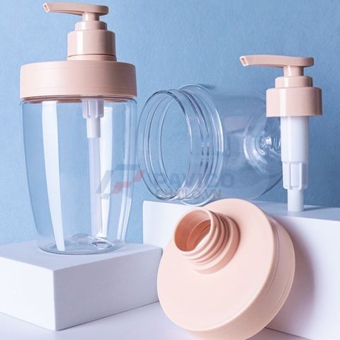 Chai nhựa Pet 400ml 600ml đựng dầu gội màu hồng trong suốt nắp vòi pump hồng