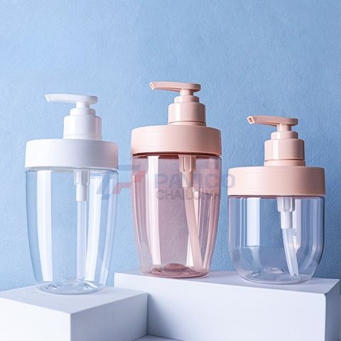 Chai nhựa Pet 400ml 600ml đựng dầu gội màu hồng trong suốt nắp vòi pump hồng