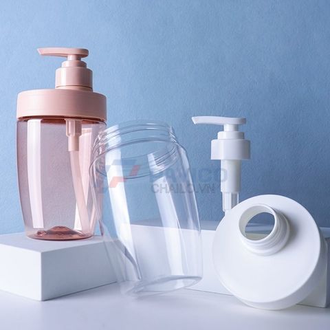 Chai nhựa Pet 400ml 600ml đựng dầu gội màu hồng trong suốt nắp vòi pump hồng