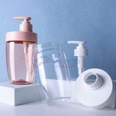 Chai nhựa Pet 400ml 600ml đựng dầu gội màu hồng trong suốt nắp vòi pump hồng