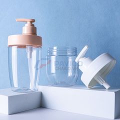 Chai nhựa Pet 400ml 600ml đựng dầu gội màu hồng trong suốt nắp vòi pump hồng