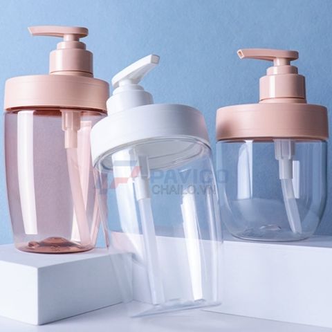 Chai nhựa Pet 400ml 600ml đựng dầu gội màu hồng trong suốt nắp vòi pump hồng