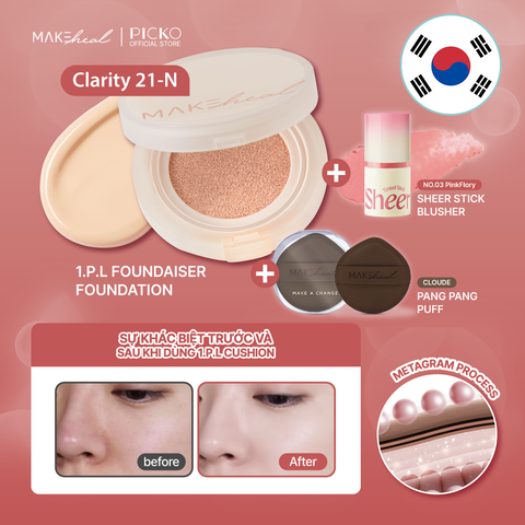 Bộ sản phẩm 2 món Makeheal 1.P.L Cushion Clarity 21-N và Makeheal Sheer Stick Blusher 03 PinkFlory - tặng Pang Pang Puff