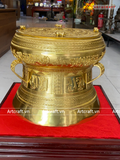  Quà Tặng Trống Đồng Đông Sơn đồng vàng dát vàng 14K hoa văn nổi đường kính 50cm 