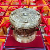  Quà Tặng Trống Đồng Đông Sơn đồng vàng hun nâu giả cổ hoa văn nổi đường kính 15cm 