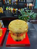  Quà Tặng Trống Đồng Đông Sơn đồng vàng dát vàng 14K hoa văn nổi đường kính 25cm 