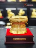  Quà Tặng Trống Đồng Đông Sơn đồng vàng dát vàng 14K hoa văn nổi đường kính 10cm 