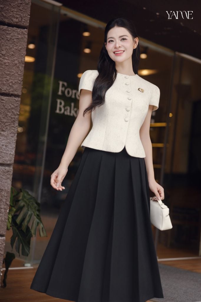 Áo Tweed Tay Hến Cúc Bọc Vạt Tròn YAME YA749