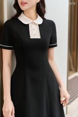 Váy Đen Dáng Dài Tay Ngắn Cổ phối cúc Kem YAME YV920