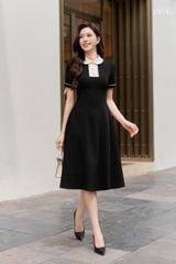 Váy Đen Dáng Dài Tay Ngắn Cổ phối cúc Kem YAME YV920