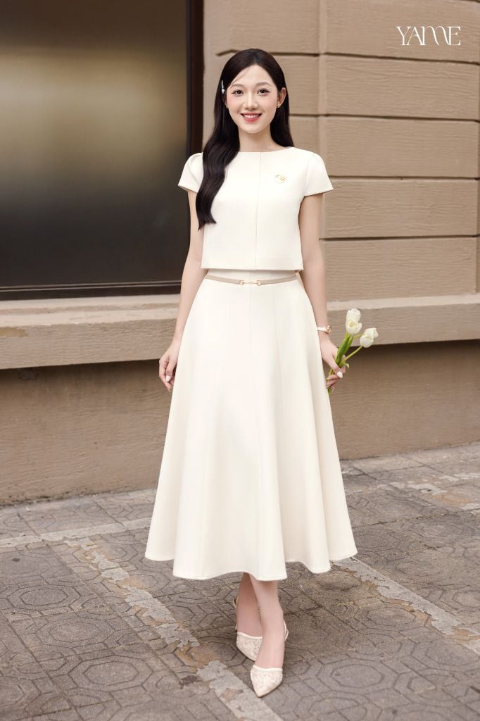 Set Áo Dáng Crop Tay Hến Phối Chân Váy Dài YAME YS747