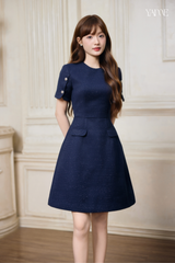 Váy Thiết Kế Xanh Navy Vải Dạ Lấp Lánh YAME YV778