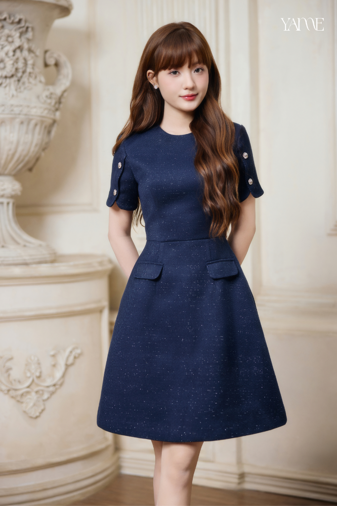 Váy Thiết Kế Xanh Navy Vải Dạ Lấp Lánh YAME YV778