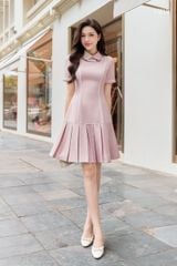 Váy Xếp Ly Hồng Phớt Cổ Sen Phối nơ trắng YAME YV923