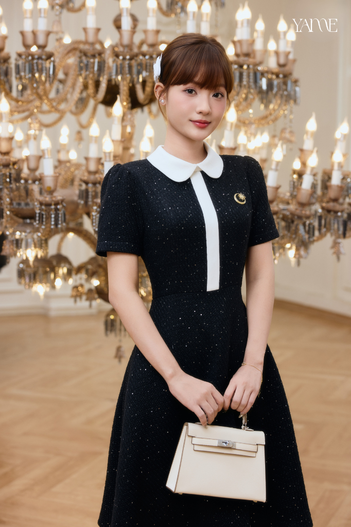 Váy Thiết Kế Tweed Kim Sa Cổ Sen Phối Viền Trắng YAME YV768