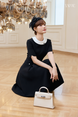Váy Thiết Kế Ngắn Tay Màu Đen Cổ Trắng Đính Nơ YAME YV774