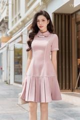 Váy Xếp Ly Hồng Phớt Cổ Sen Phối nơ trắng YAME YV923