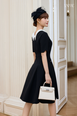 Váy Thiết Kế Ngắn Tay Màu Đen Cổ Trắng Đính Nơ YAME YV774