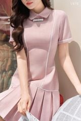 Váy Xếp Ly Hồng Phớt Cổ Sen Phối nơ trắng YAME YV923
