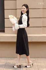 Váy Dáng Yếm Cổ Sen Đen Phối Trắng YAME YV750