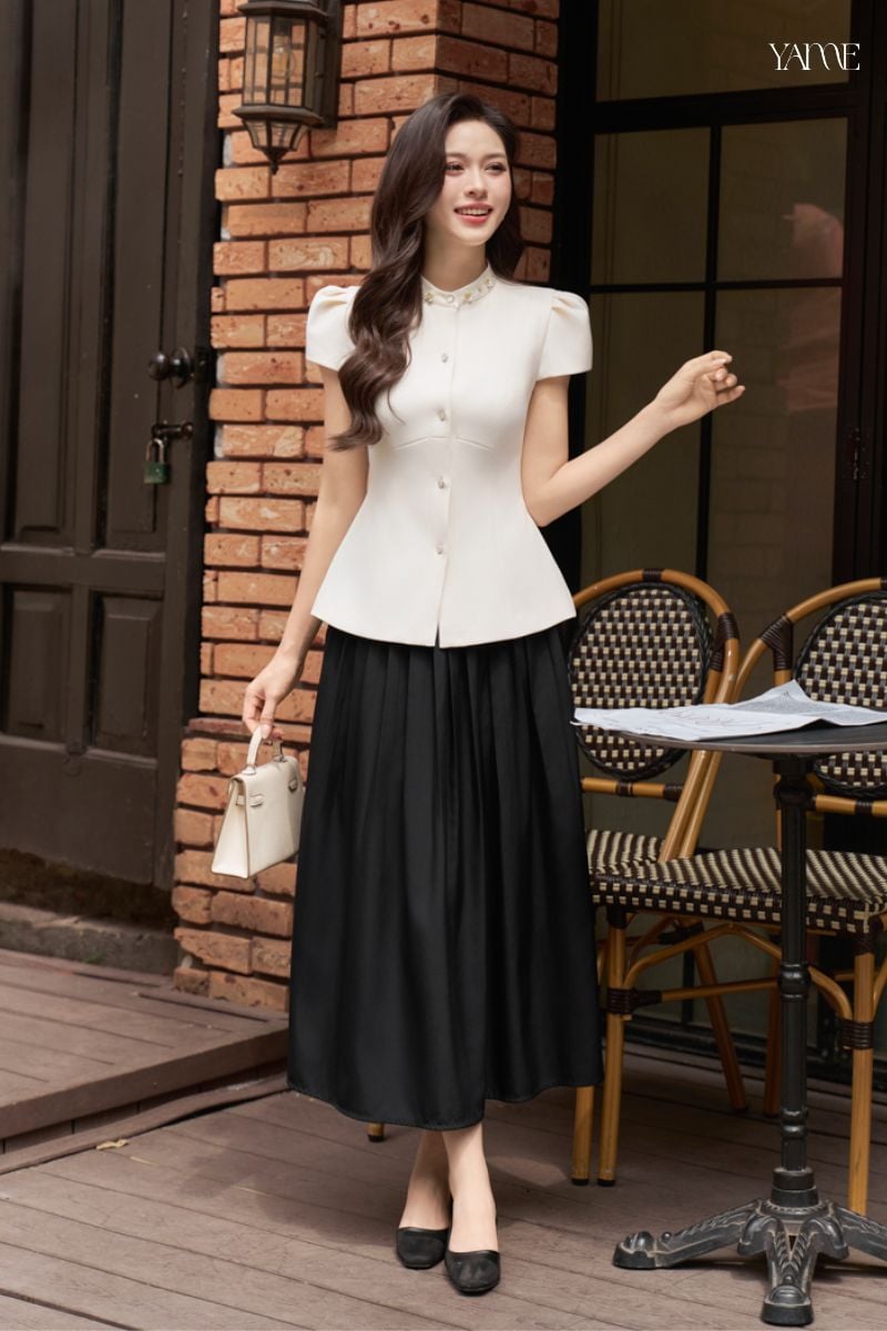 Áo Cổ Tàu Đính Đá Tay Hến Xếp Ly YAME YA925