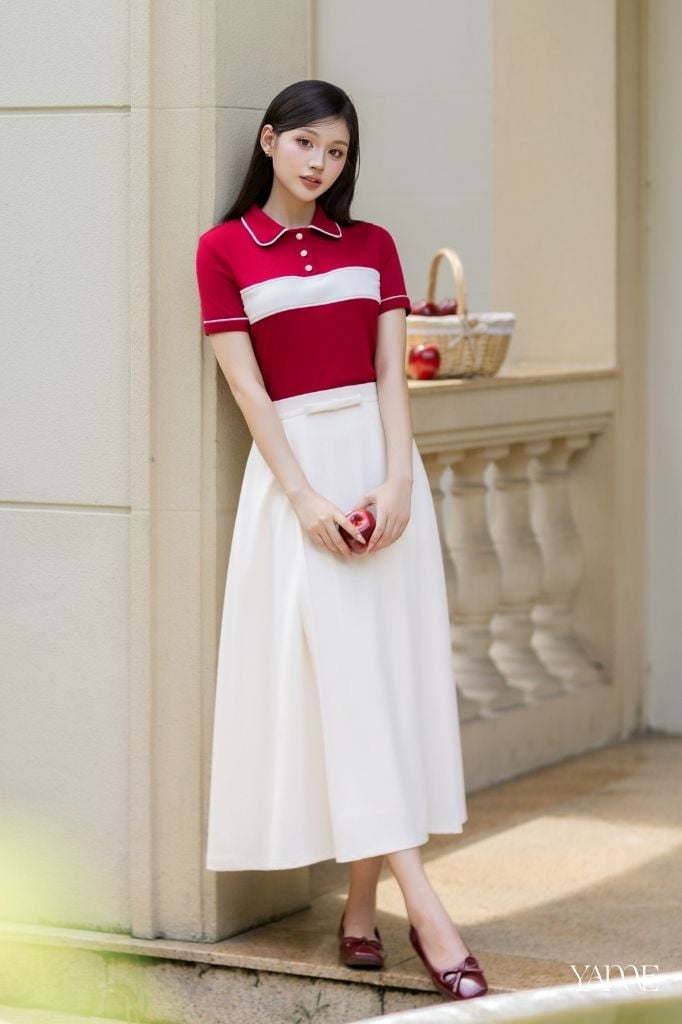 Áo Đỏ Ngắn Tay Cúc Ngọc Phối Viền Trắng YAME YA733