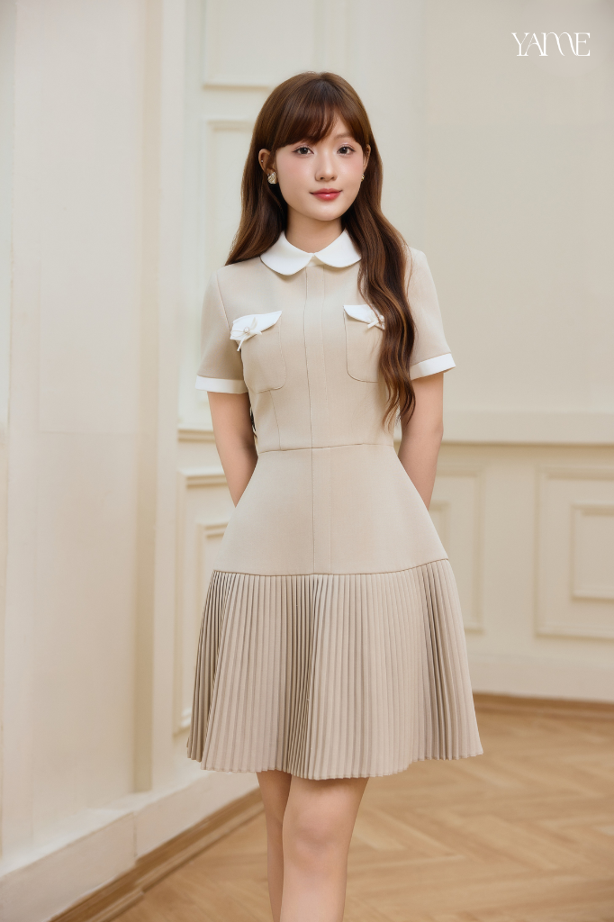 Váy Thiết Kế Dáng Ngắn Xếp Ly Màu Nâu Sữa YAME YV766