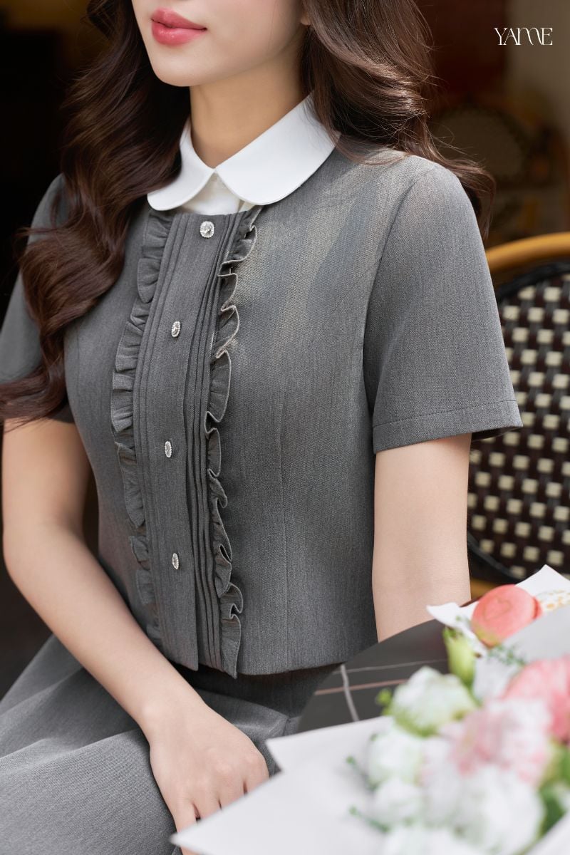 Áo Dáng Ngắn Phối Bèo Nhún Cộc Tay YAME YA921