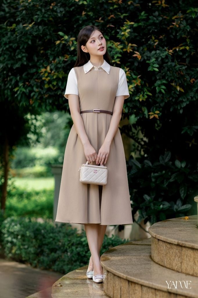 Váy Nữ YAME Cổ Sơ Mi Đính Đá Dáng Xòe Dài Phối Ly Kèm Dây Đai Màu Đen & Nâu YAME - Vivia YV720