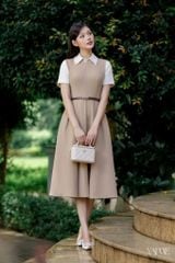 Váy Nữ YAME Cổ Sơ Mi Đính Đá Dáng Xòe Dài Phối Ly Kèm Dây Đai Màu Đen & Nâu YAME - Vivia YV720