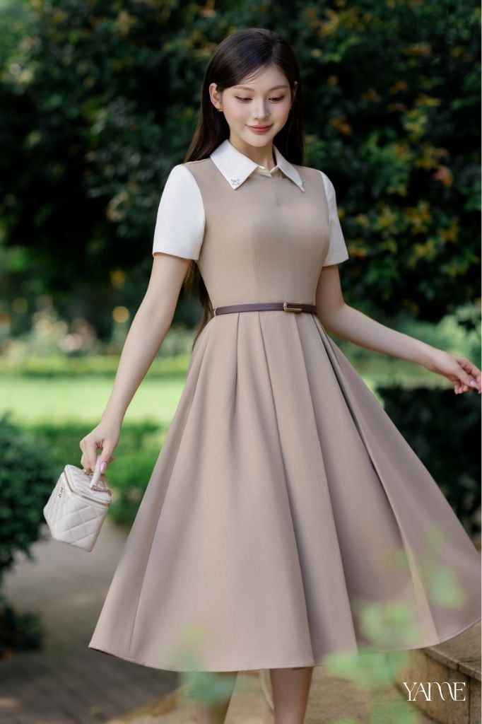 Váy Nữ YAME Cổ Sơ Mi Đính Đá Dáng Xòe Dài Phối Ly Kèm Dây Đai Màu Đen & Nâu YAME - Vivia YV720