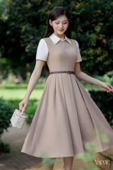 Váy Nữ YAME Cổ Sơ Mi Đính Đá Dáng Xòe Dài Phối Ly Kèm Dây Đai Màu Đen & Nâu YAME - Vivia YV720