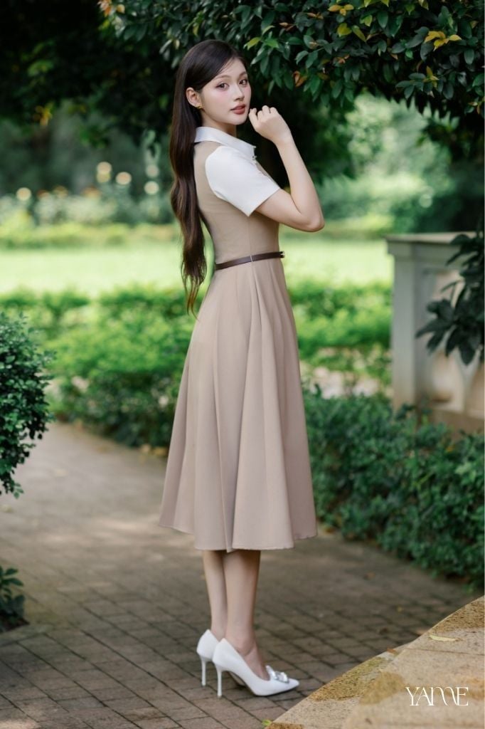 Váy Nữ YAME Cổ Sơ Mi Đính Đá Dáng Xòe Dài Phối Ly Kèm Dây Đai Màu Đen & Nâu YAME - Vivia YV720