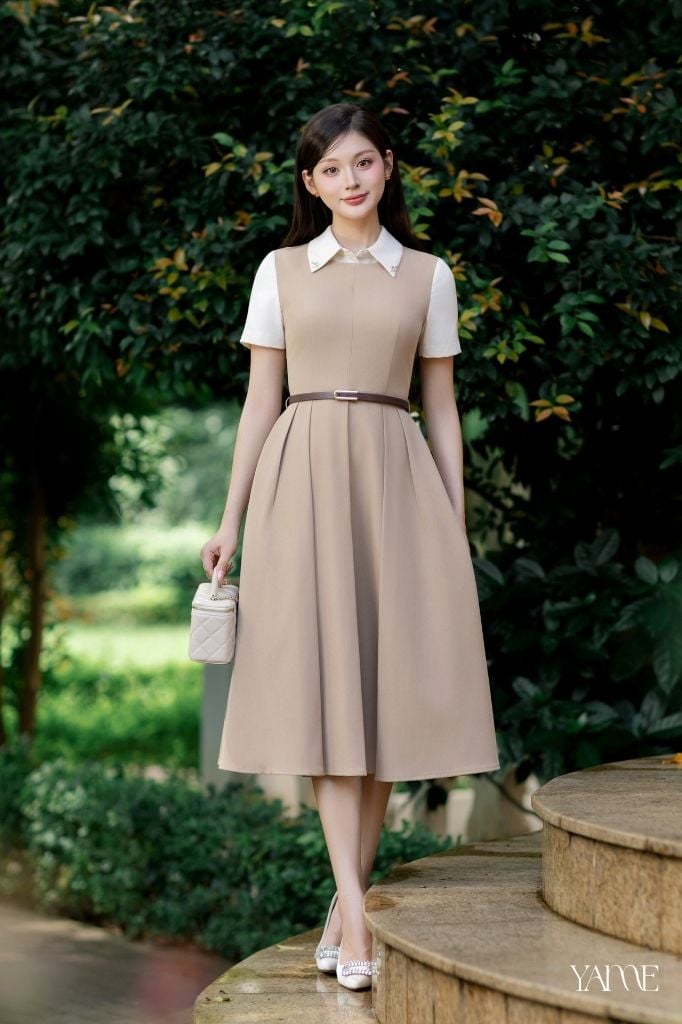 Váy Thiết Kế Dáng Xòe Cổ Sơ Mi Đính Đá YAME YV720