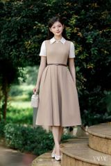 Váy Nữ YAME Cổ Sơ Mi Đính Đá Dáng Xòe Dài Phối Ly Kèm Dây Đai Màu Đen & Nâu YAME - Vivia YV720