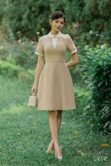 Váy Thiết Kế Dáng Ngắn Nâu Sữa Tay Gập Gấu Phối Đai Đính Đá YAME YV719