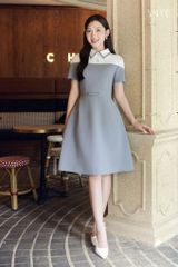 Váy Thiết Kế Dáng A Màu Ghi Ánh Xanh Cổ Vạt Nhọn YAME YV740